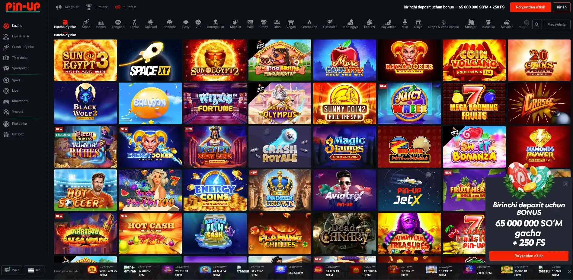 Pin Up casino o'yinlar katalogi — slotlar va live o'yinlar
